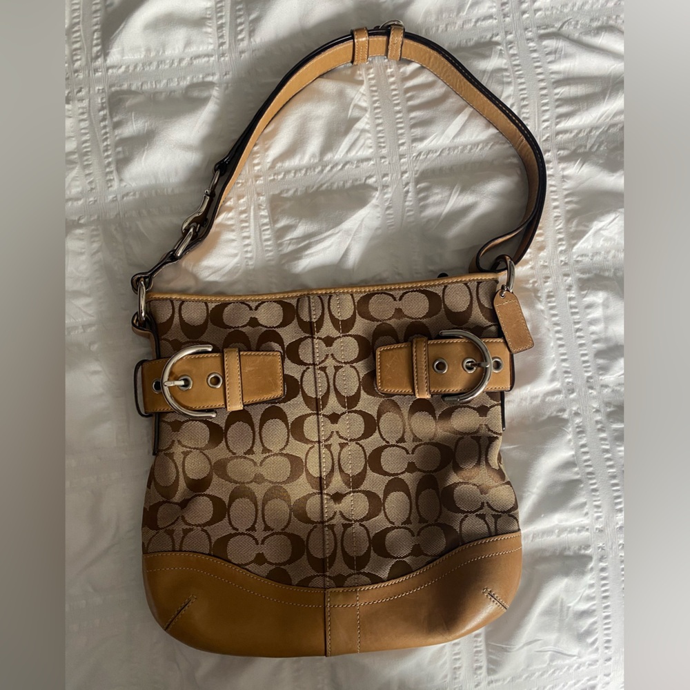 Coach Tan and Brown with Buckle Monogram Bag
